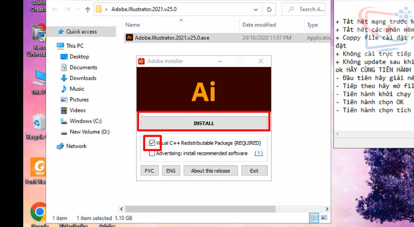 Tích chọn như hình sau đó chọn Install Adobe Illustrator 2021.
