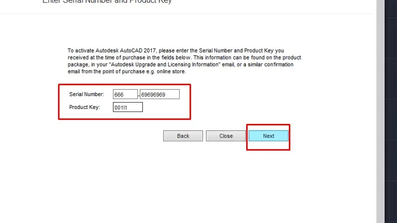 Tải AutoCad 2017 Và Hướng Dẫn Setup Chi Tiết 22 Nhập Serial Number: 666-69696969, Product key: 001I1, và bấm Next